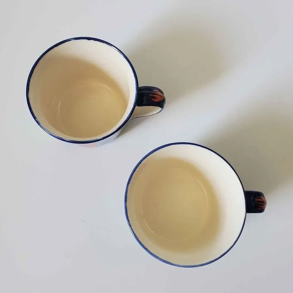 Pier 1 Hand Painted Large Stoneware Mugs‎ Pair 16oz Multicolor Made in India